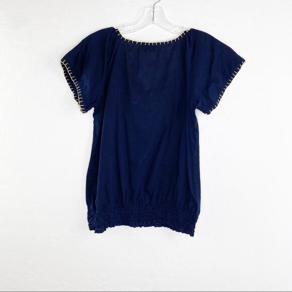 Magazine Navy Boho Embroidered Short Sleeve Key Hole Popover Cotton Top Small - Picture 6 of 9